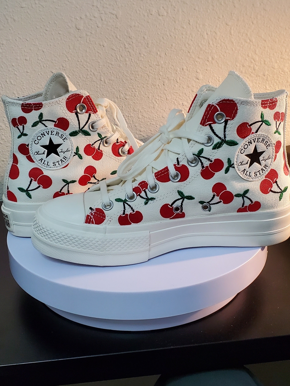 Converse Chuck Taylor High Top Sneakers - White with Red Cherry Print